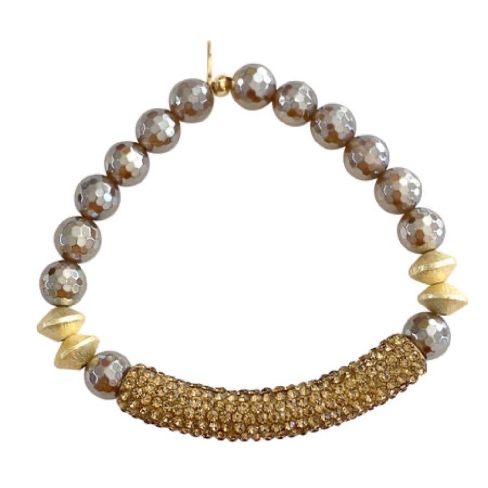 Stretch Bracelet Taupe Agate Stone Beads & Gold Crystal Rhinestone Bar NEW